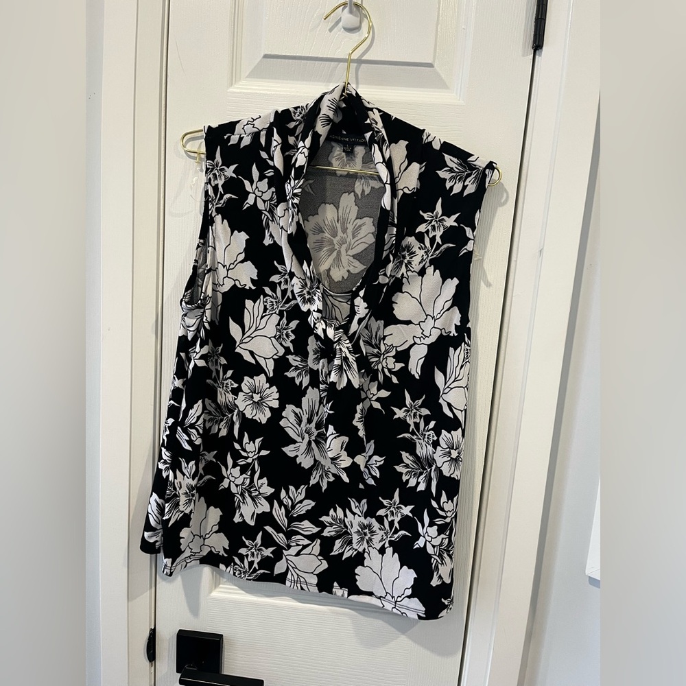 Adrienne Vittadini‎ Black White Floral Cowl Neck Tie Blouse Large Office Summer